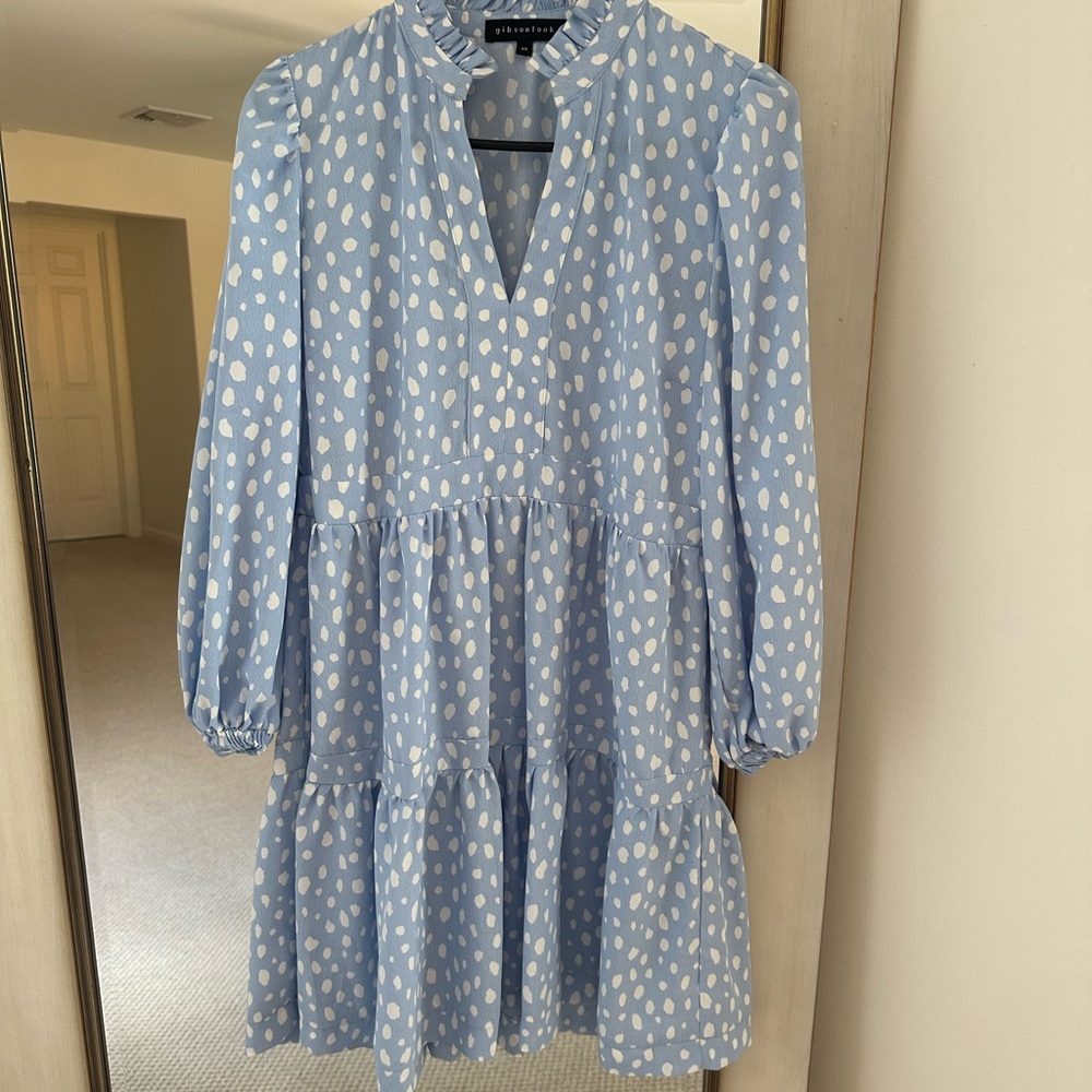 GibsonLook Long Sleeve Decked Out Day Dress - Blue and White Polka Dot